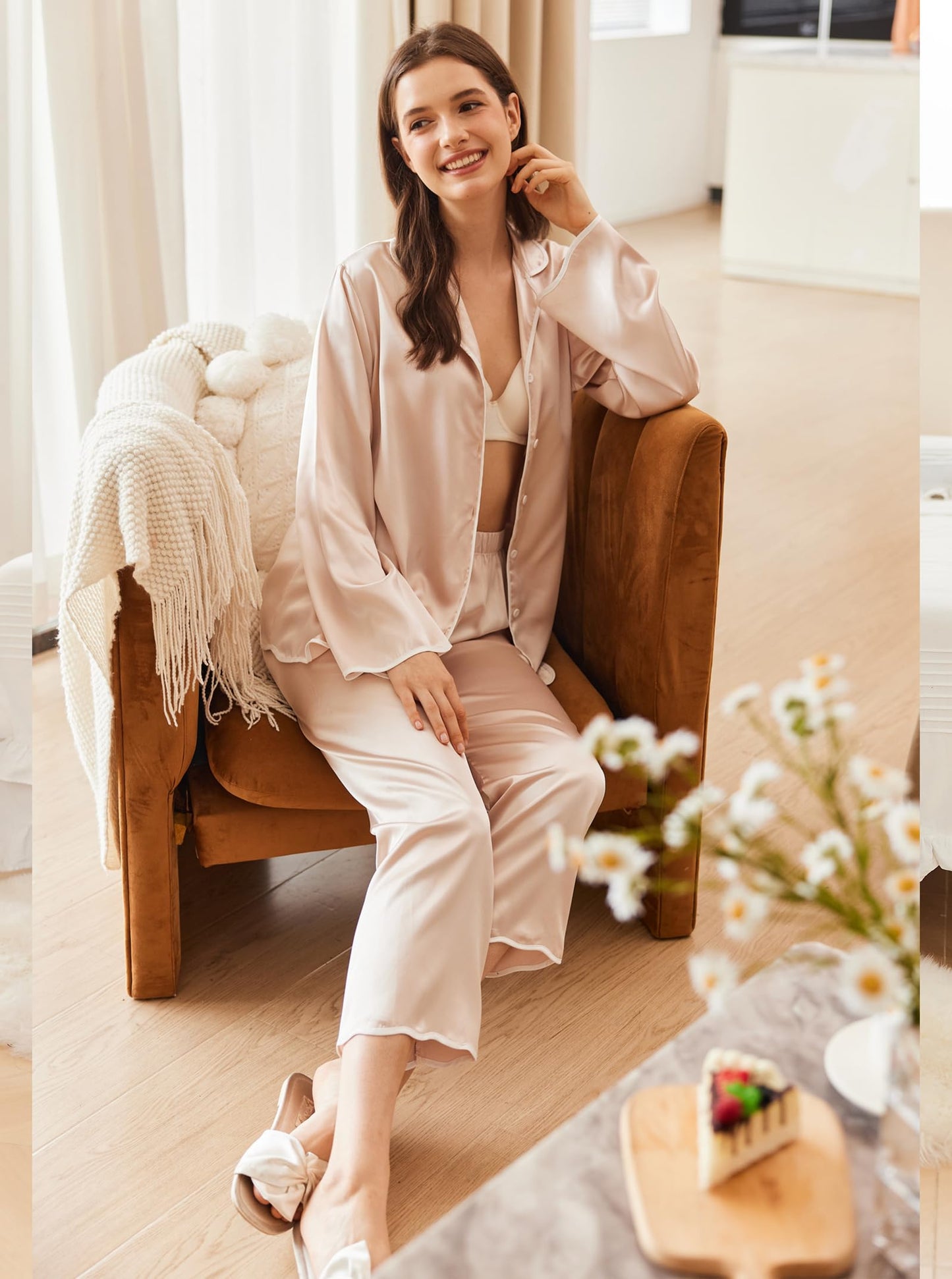 Ekouaer Silk Long Sleeve Pajamas Satin Button Down PJS Ruffle PJ Sets 2 Piece Loungewear Gift for Women Champagne Large