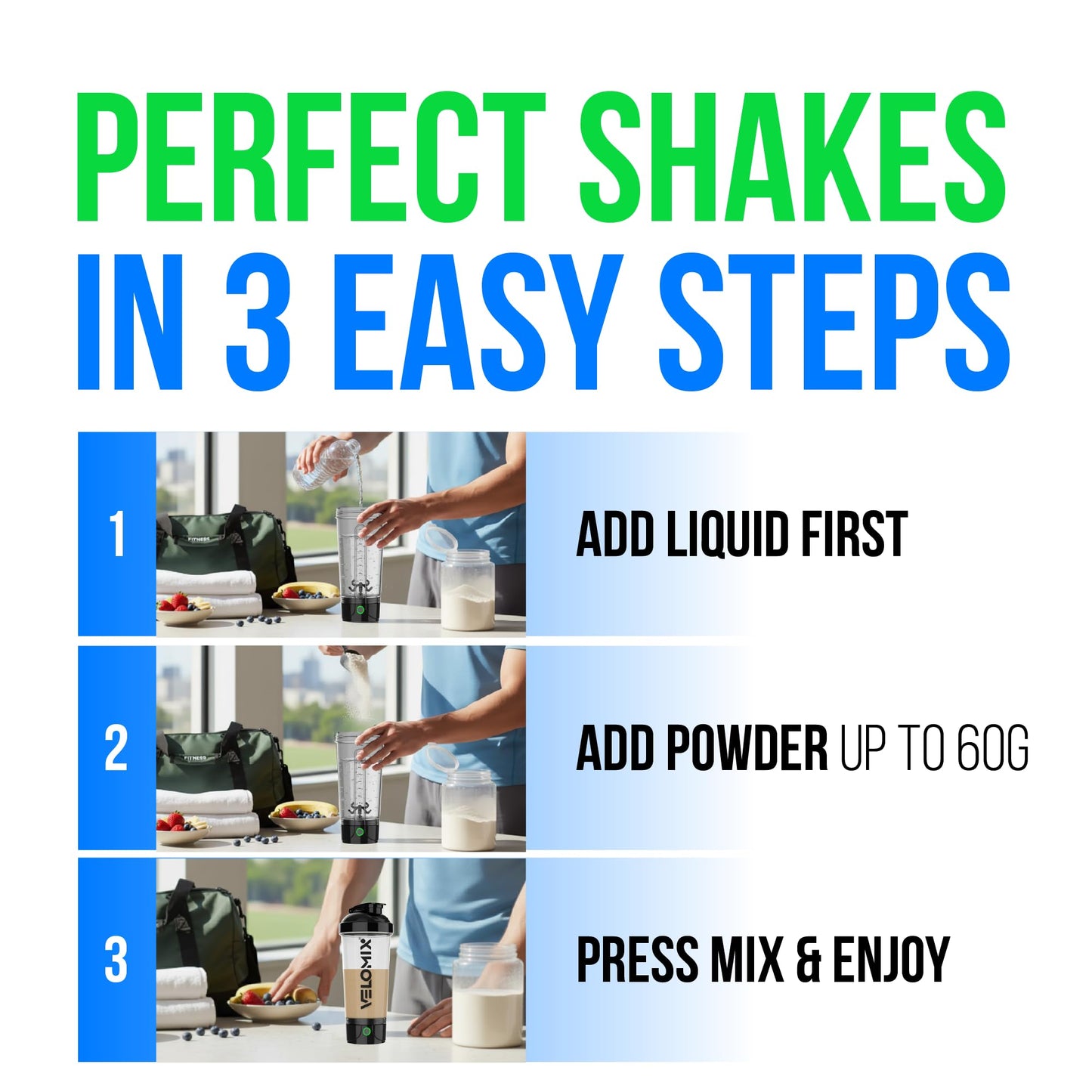 VELOMIX Electric Protein Shaker Bottle - 24 oz | USB-C Rechargeable | Leak Proof Shaker Cups for Protein Shakes | Portable Blender for Shakes and Smoothies (Electric-Transparent)