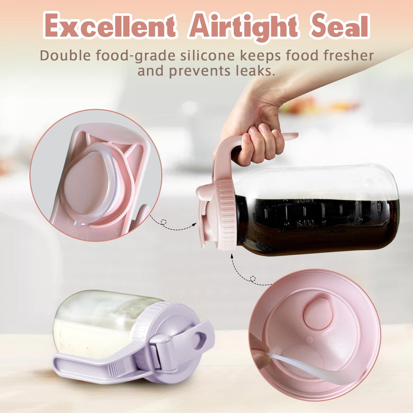 64oz Glass Pitcher with Lid & V-shaped Pour Spout - 2 Quart Breastmilk Pitcher Double Leak Proof, Creamer Container for Sun Tea, Juice, Cold Brew Coffee, Breastmilk Storage Containe