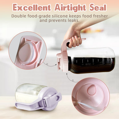 64oz Glass Pitcher with Lid & V-shaped Pour Spout - 2 Quart Breastmilk Pitcher Double Leak Proof, Creamer Container for Sun Tea, Juice, Cold Brew Coffee, Breastmilk Storage Containe