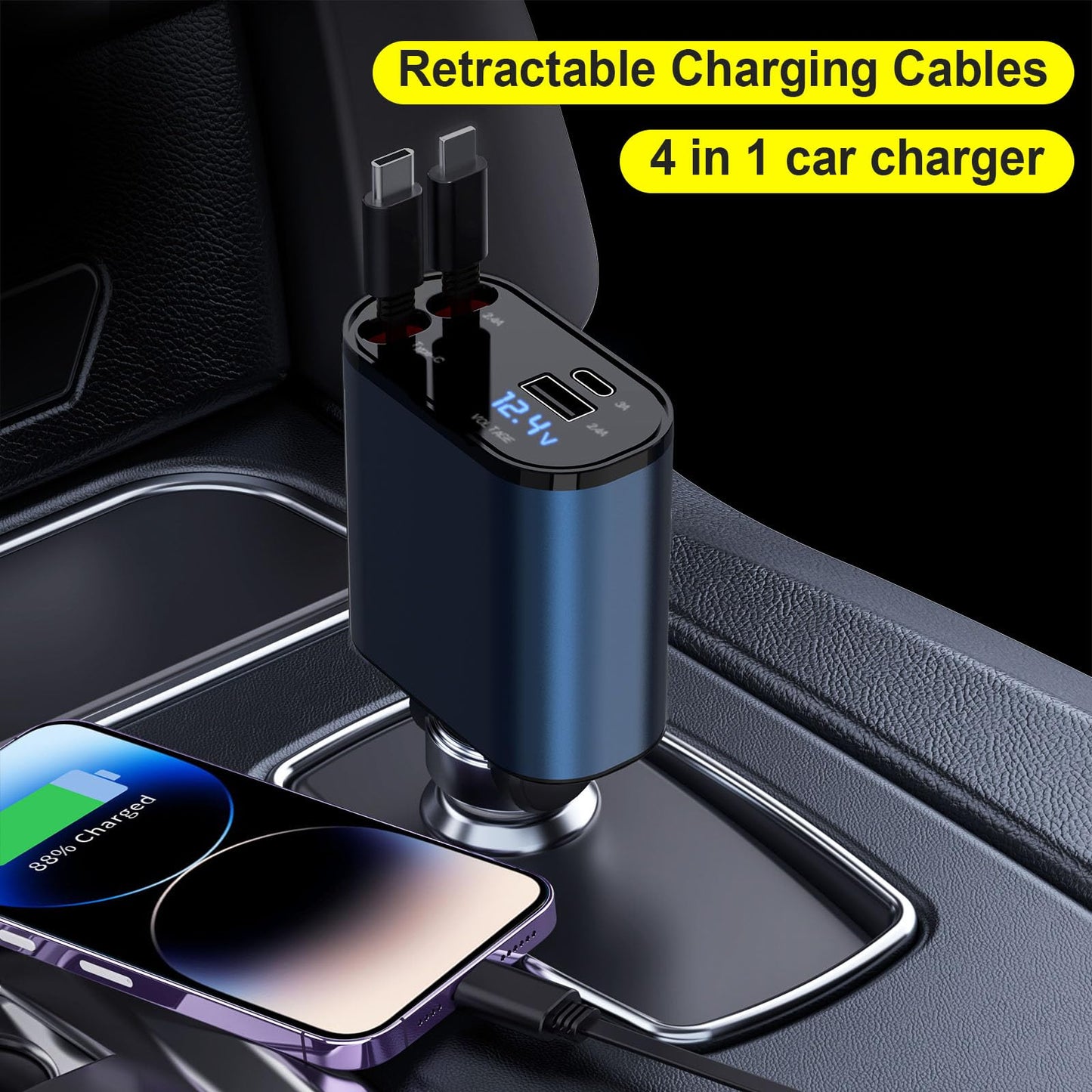 69W Fast Charging USB C Car Charger, 4-in-1 Retractable Phone Charger for iPhone 17, Travel Essentials, Gifts for Women Men, Car Accessories for Women Men, for iPhone 17 16 15 14 13, Galaxy, Pixel
