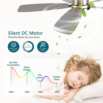 Ayaoty 52 Inch Low Profile Ceiling Fans with Lights and Remote, Flush Mount Modern Ceiling Fan, 3CCT Dimmable DC Ceiling Fan for Bedroom, Living Room, Brushed Nickel