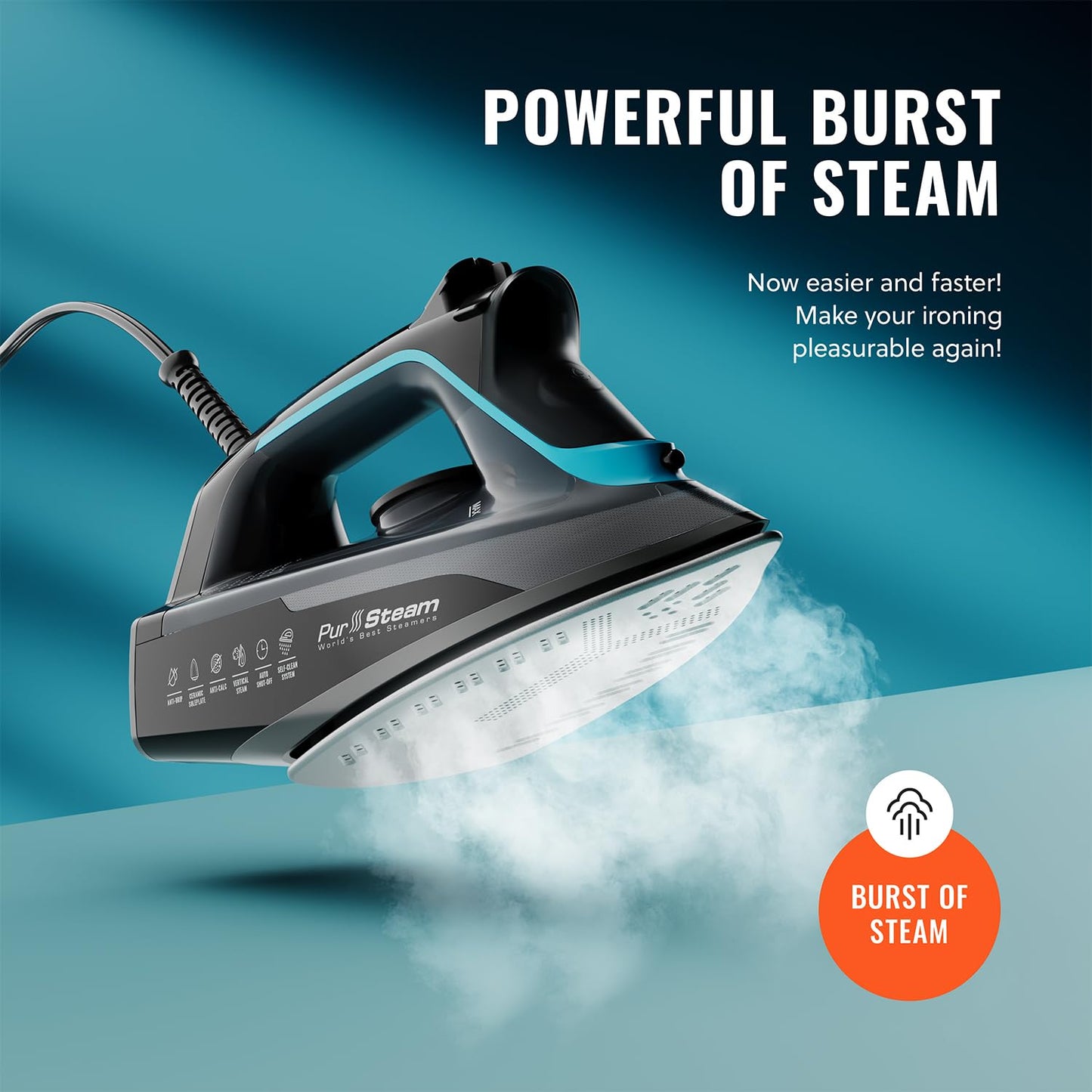 Pursteam SteamBurst+ 1750W Steam Iron, Ceramic Soleplate, Adjustable Steam, Burst of Steam, Self-Clean, Anti-Calc, Anti-Drip, Powerful & Long-Lasting Steam for All Fabrics