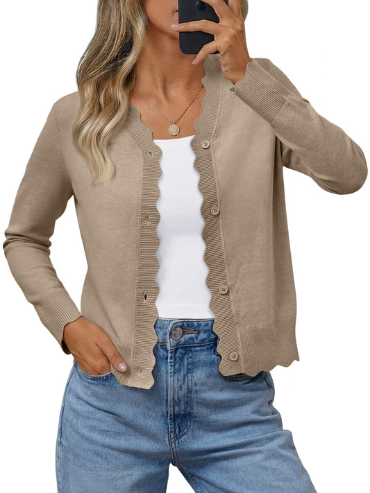 LILLUSORY Womens Cardigan Sweaters Long Sleeve Casual Lightweight Button Down V-Neck Fall Clothes 2025 Khaki M