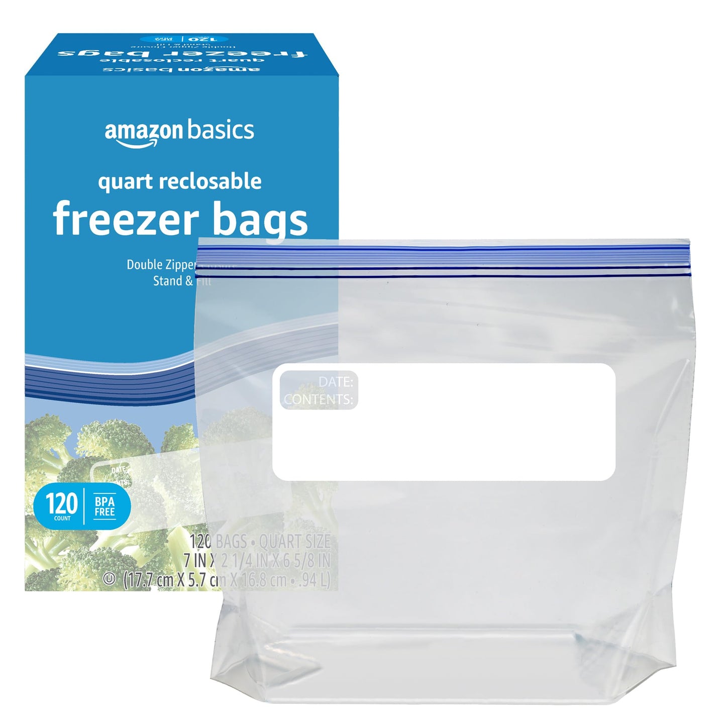 Amazon Basics Reclosable Freezer Quart Bags, BPA Free, 120 Count (Previously Solimo)