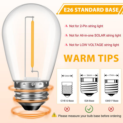 GvvooHome 24 Pack LED S14 Replacement Light Bulbs, Waterproof 1W Vintage Edison Bulbs for Outdoor Patio Backyard String Lights, Dimmable, E26 Regular Medium Screw Base, 2200K Warm White