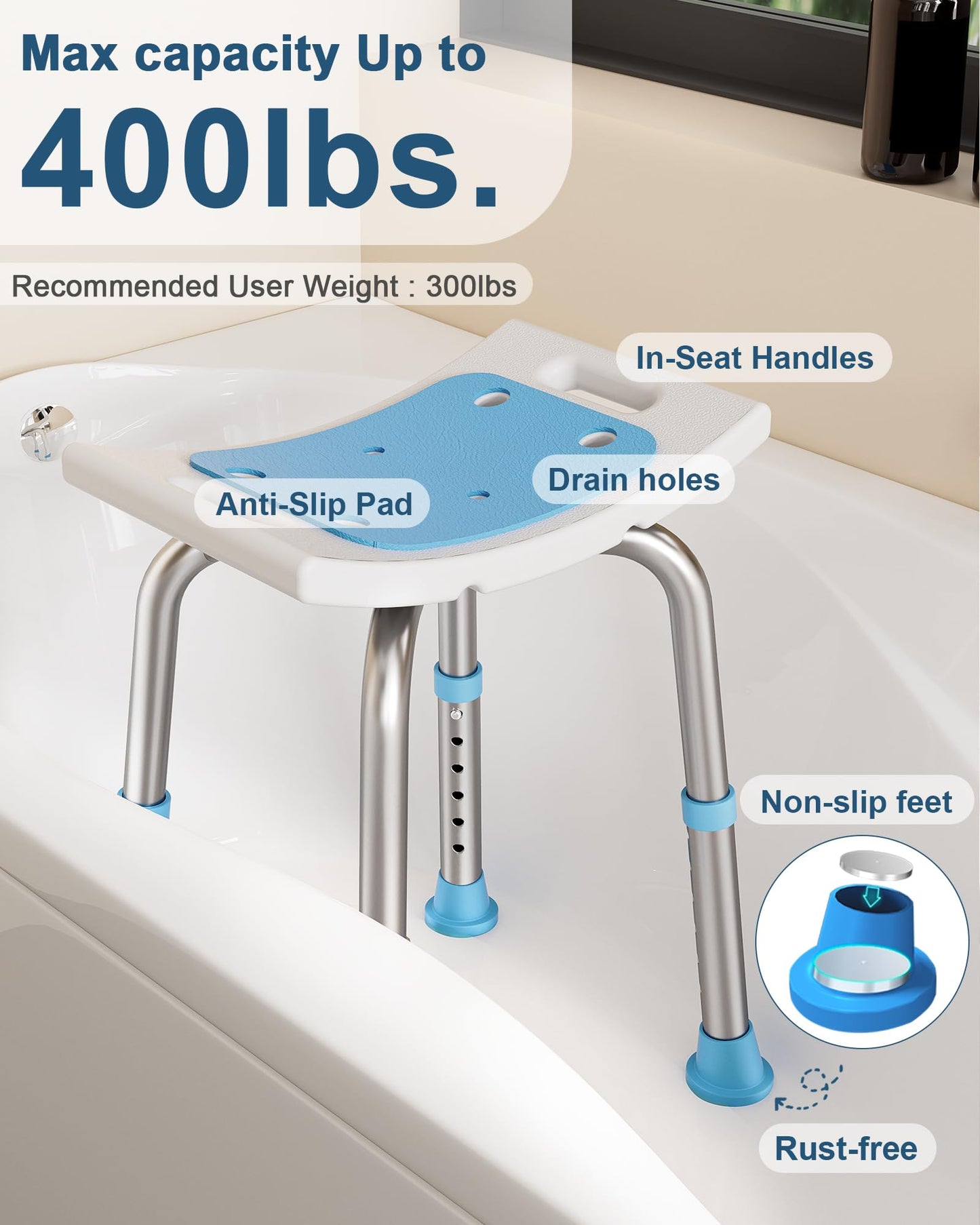 HOMLAND Shower Chair for Inside Shower, 400 lbs Adjustable Shower Stool with Suction Feet, Shower Seat for Inside Tub Bathroom Bench Bath Chair for Elderly and Disabled - Light Blue