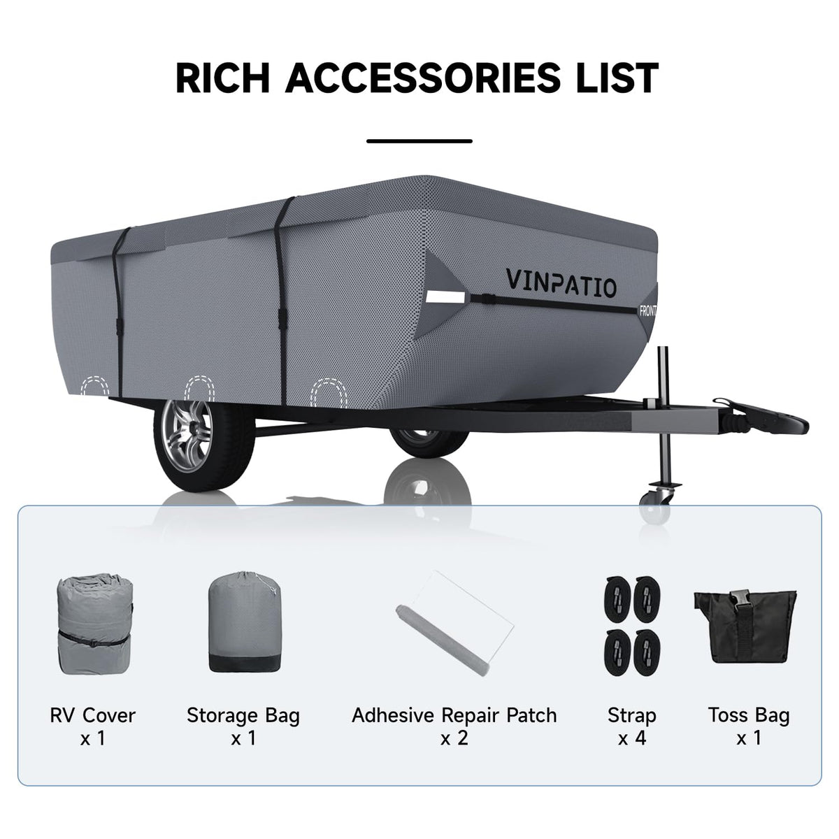 VINPATIO Pop Up Camper Cover, Folding Camper Tent Trailer Cover Fits 12'-14' Trailers, Waterproof & Anti-UV Pop-up Camper Cover with Windproof Straps