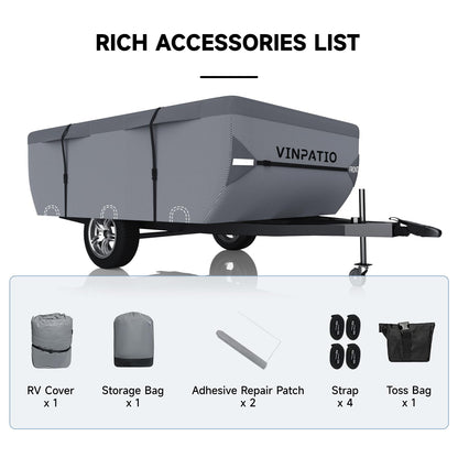 VINPATIO Pop Up Camper Cover, Folding Camper Tent Trailer Cover Fits 12'-14' Trailers, Waterproof & Anti-UV Pop-up Camper Cover with Windproof Straps