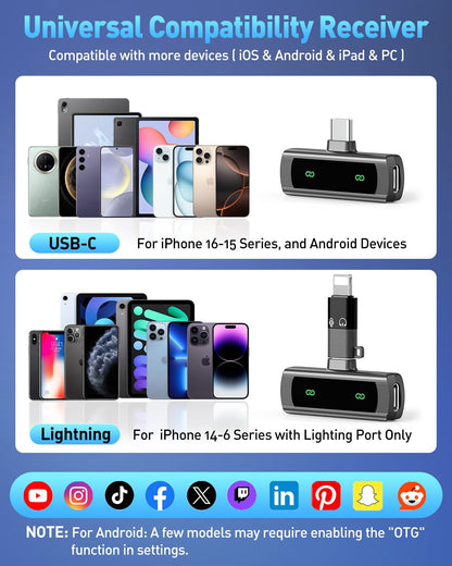 QUZAZBU USB C Wireless Lavalier Microphone for iPhone 15 16, Mini LED Display Microphone for Android with Noise Reduction, Lapel Magnetic Clip-on Mic for Recording Content Creator Vlog Tiktok YouTube