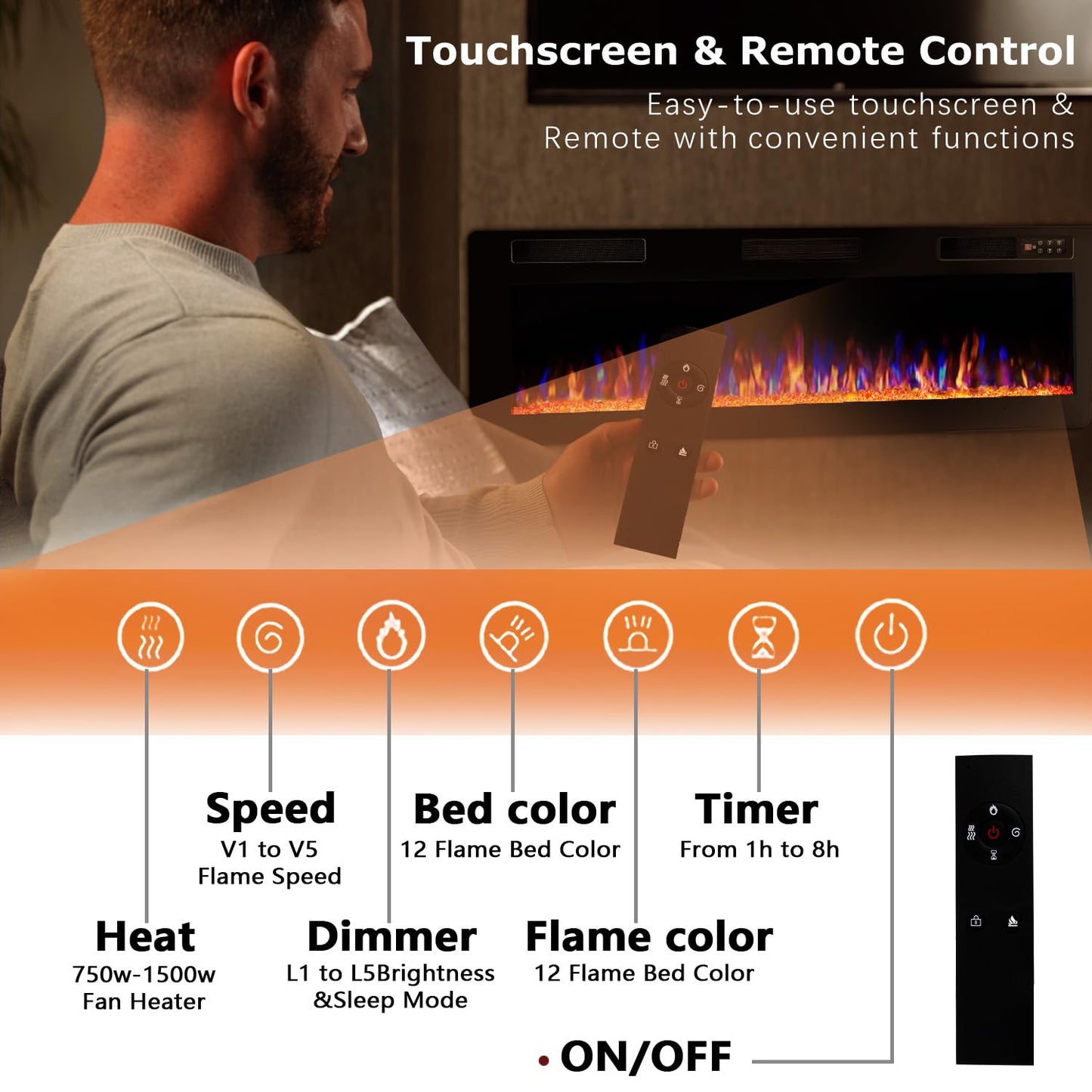 Vitesse 72 Inch Ultra Thin Electric Fireplace-Narrow Bezel Linear Fireplace Heater Recessed Wall Mounted, Remote and Screen Control, 8H Sleep Timer, Low Noise, 750/1500W for Living Room, Bedroom