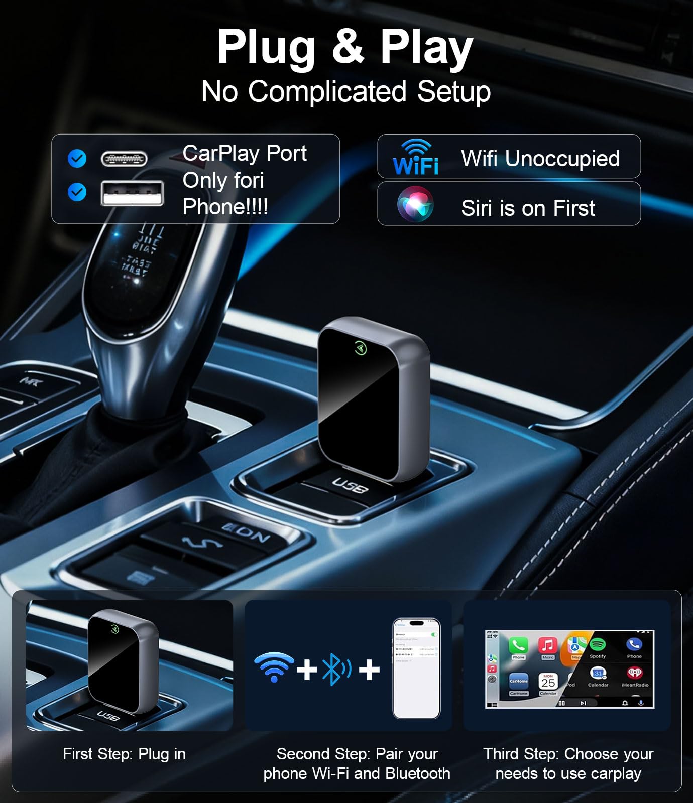 Enhanlife 2026 Wireless CarPlay Adapter for iPhone - 5s Auto-Connect, No Audio Lag - Convert Factory Wired to Wireless CarPlay - Bluetooth 5.3 & 5GHz Wi-Fi - Plug & Play (Includes USB A/C)