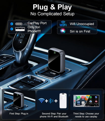 Enhanlife 2026 Wireless CarPlay Adapter for iPhone - 5s Auto-Connect, No Audio Lag - Convert Factory Wired to Wireless CarPlay - Bluetooth 5.3 & 5GHz Wi-Fi - Plug & Play (Includes USB A/C)
