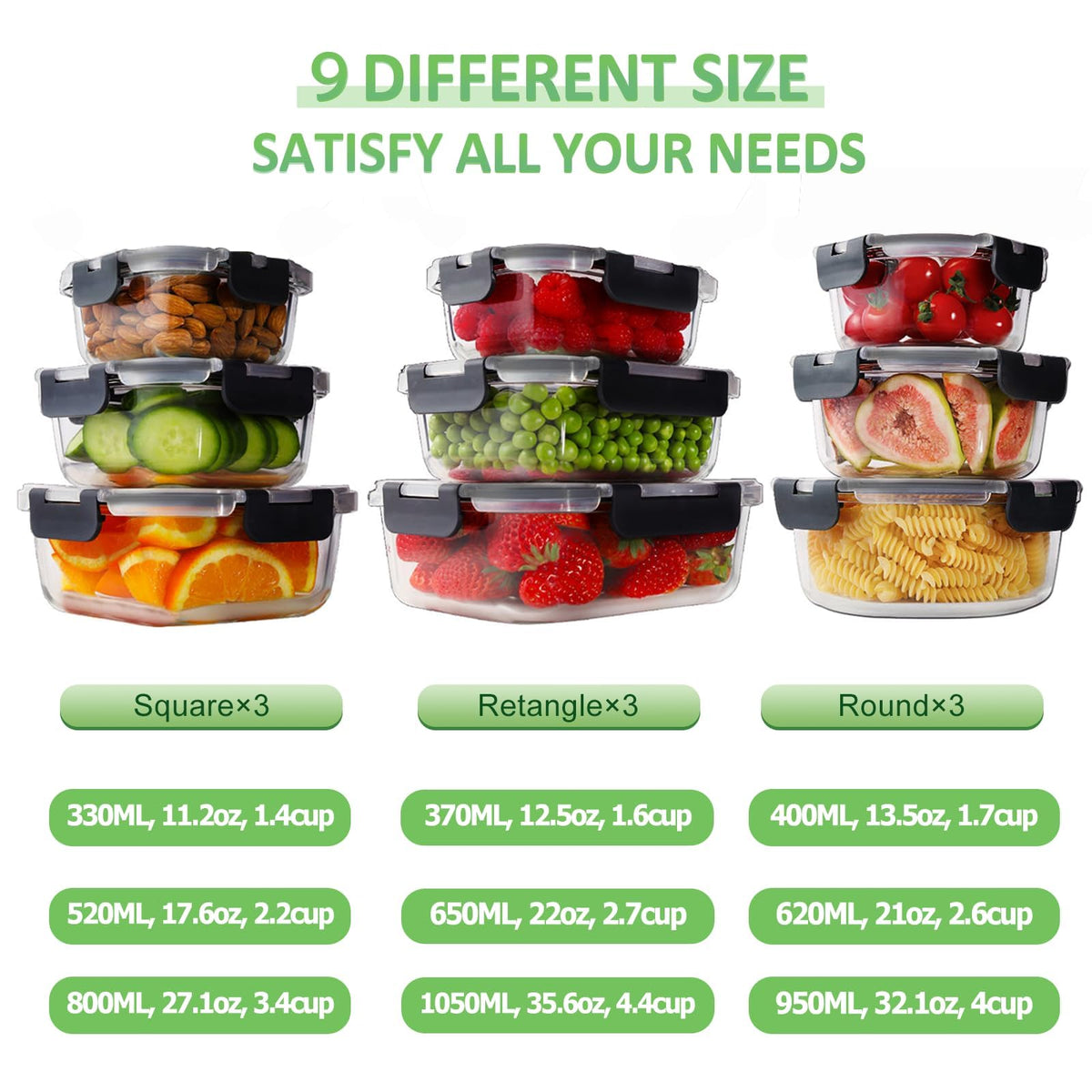HOMBERKING [18 Piece Glass Food Storage Containers with Lids, Glass Meal Prep Containers, Airtight Lunch Bento Boxes, BPA-Free & Leak Proof, Oven, Freezer and Dishwasher Safe (9 lids & 9 Containers)