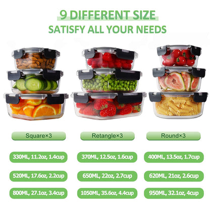 HOMBERKING [18 Piece Glass Food Storage Containers with Lids, Glass Meal Prep Containers, Airtight Lunch Bento Boxes, BPA-Free & Leak Proof, Oven, Freezer and Dishwasher Safe (9 lids & 9 Containers)