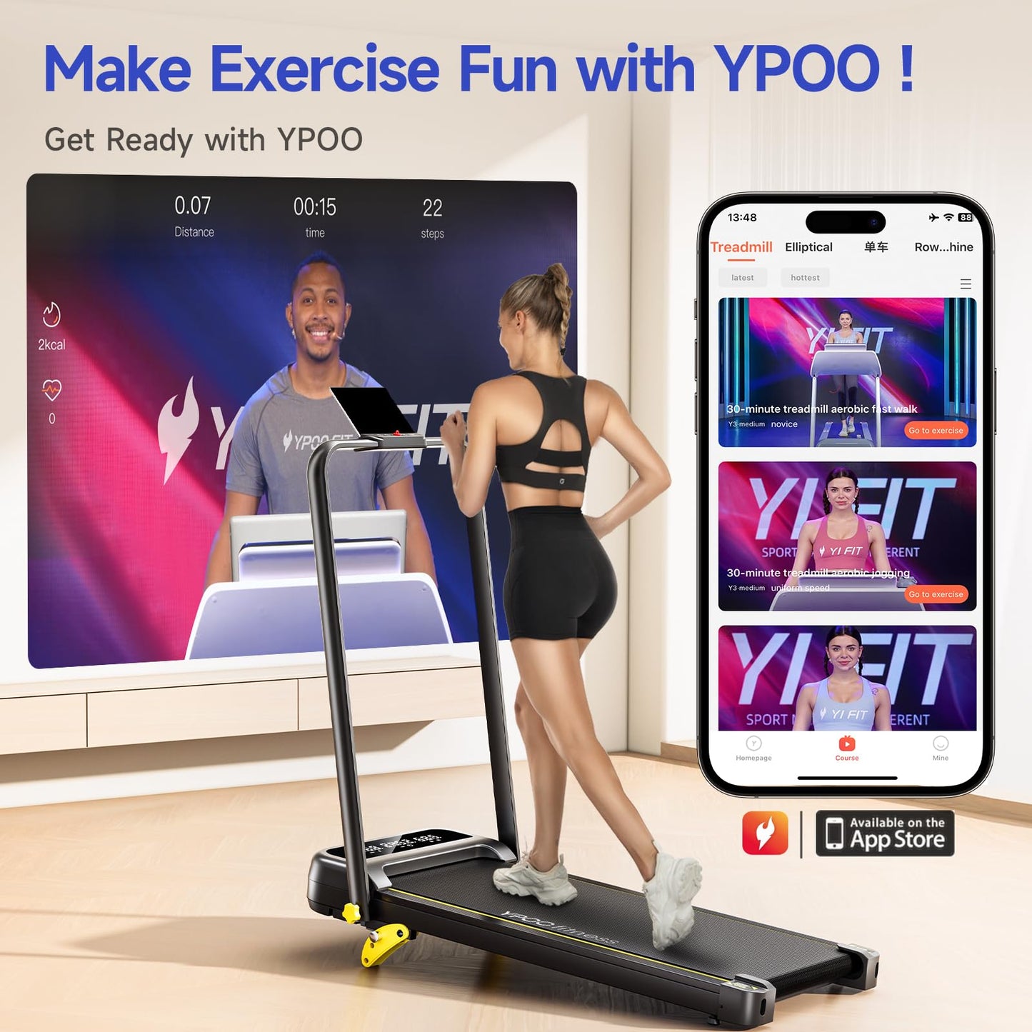 YPOO Foldable Treadmill with Incline, Walking Pad with Handle Bar 3 Level Incline, Portable Folding Treadmills for Home/Office 300 Lbs Capacity, Quiet Desk Treadmill with Remote Control & APP