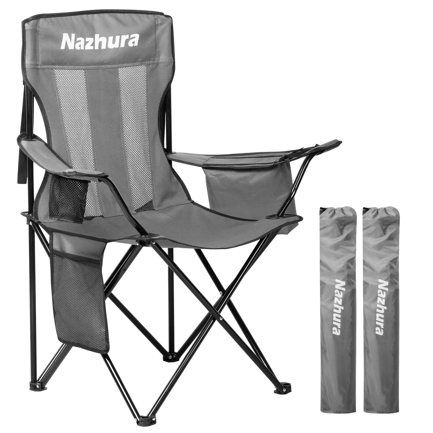 Nazhura 2 Pack Outdoor Camping Chairs Folding/Foldable/Portable with Cooler Pouch, Mesh Backrest and Cup Holder Pocket(Grey, 2 Pack)
