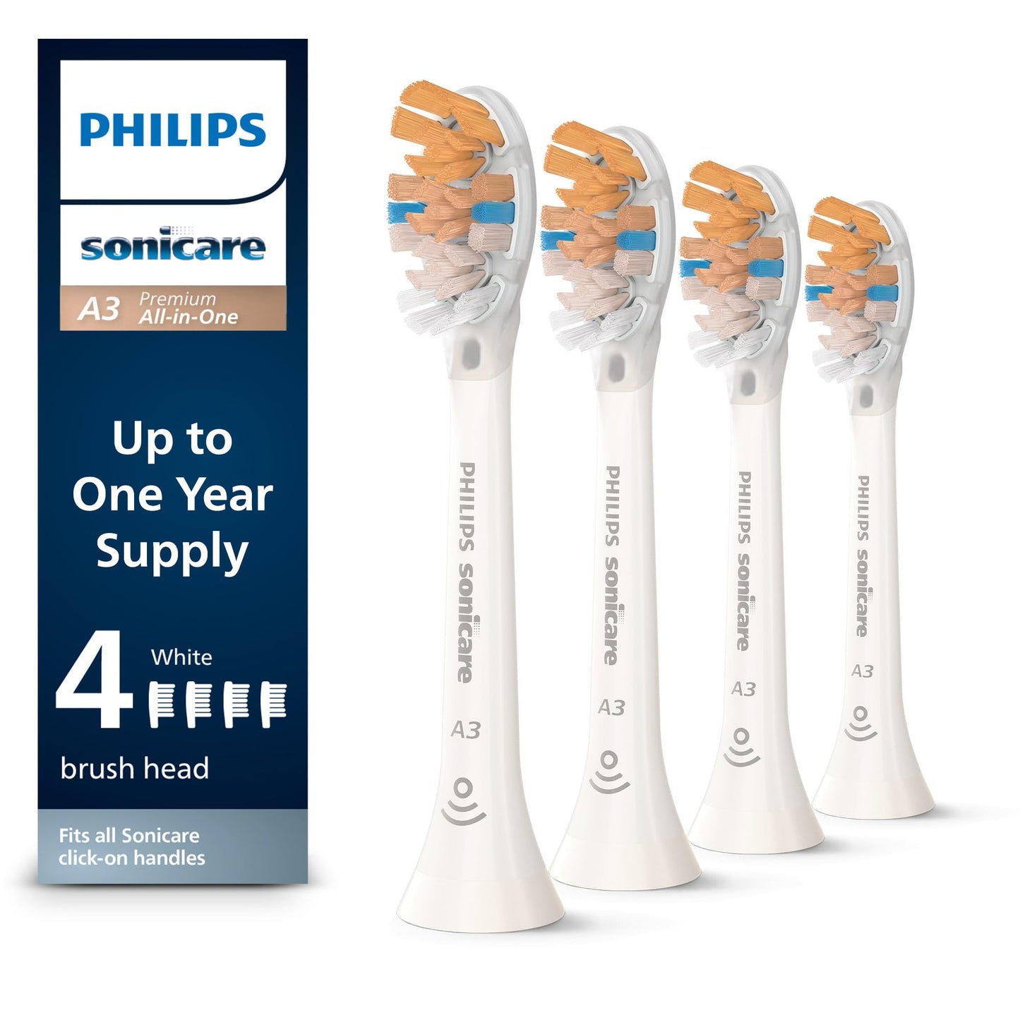 Philips Sonicare Premium All-in-One (A3) Replacement Toothbrush Heads, Gum Care, Plaque Removal, Whitening, One Year Supply, 4 Brush Heads, White, HX9094/65