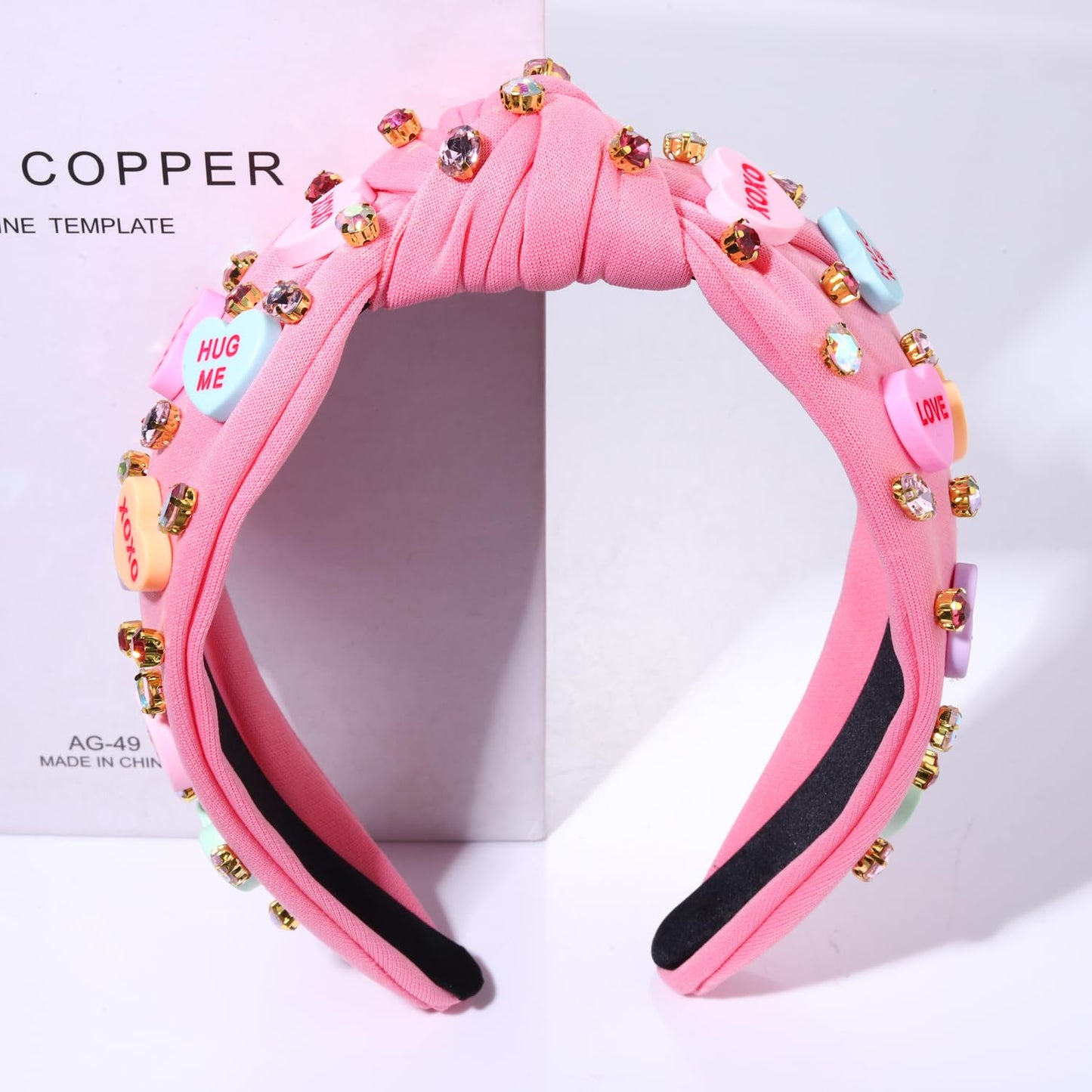 NVENF Valentine’s Day Headband for Women Love Heart Headband Jeweled Crystal Rhinestone Knotted Hairband Red Pink Wide Top Knot Hairband Valentine’s Day Hair Accessories Gifts (Letter 1 - Pink)