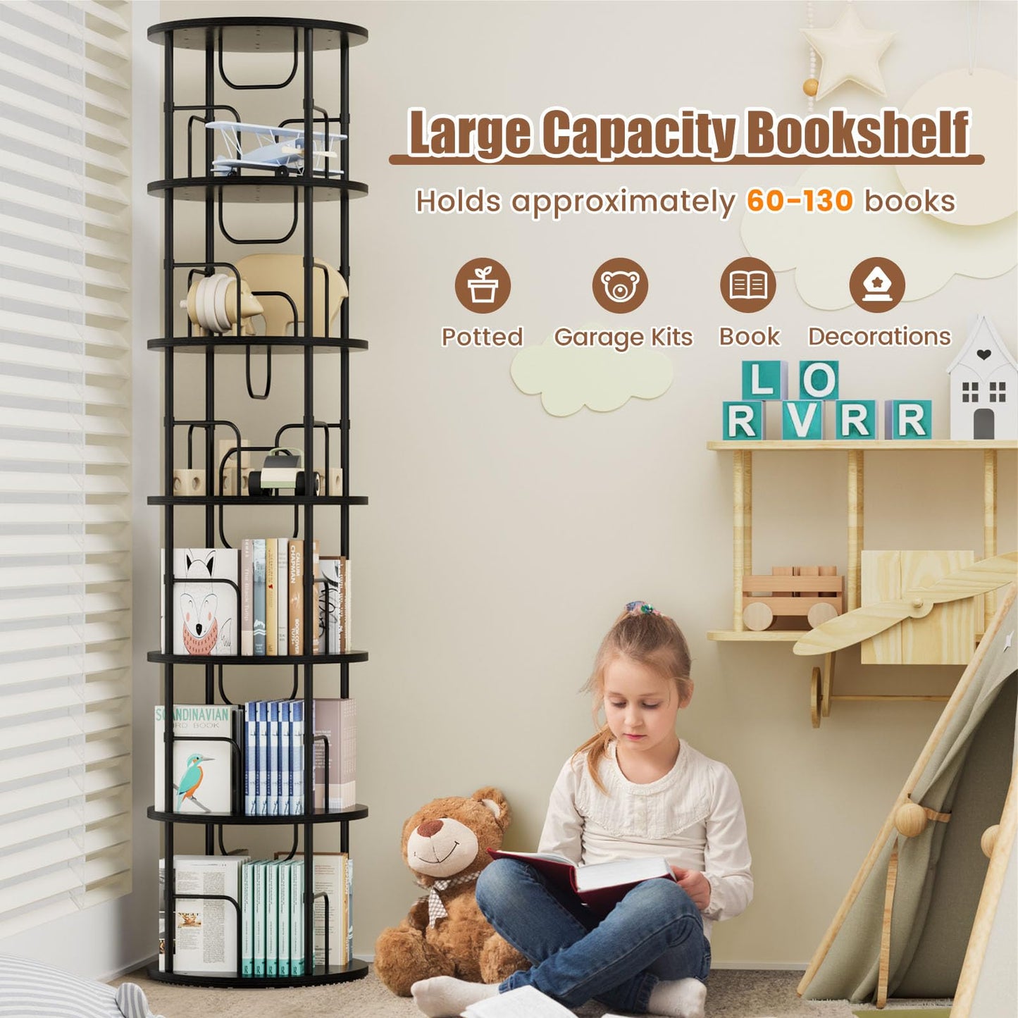 ALLSTAND 6 Tier Rotating Bookshelf, 360 ° Display Stackable Spinning Bookshelf Tower, Corner Bookshelf Tall Floor Standing Swivel Bookcase Narrow Storage Organizer for Bedroom, Living Room, Black