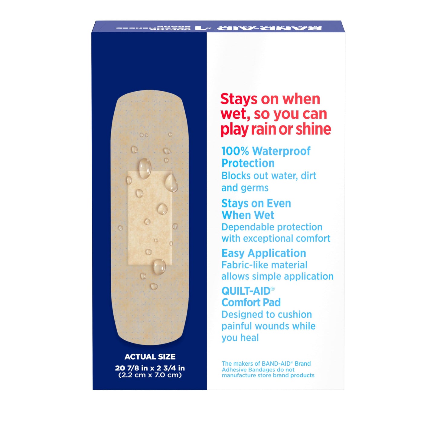 Band-Aid Brand Water Block Flex 100% Waterproof Adhesive Bandages for First-Aid Wound Care of Minor Cuts, Scrapes & Wounds, Ultra-Flexible Design, Sterile, All One Size, 20 ct