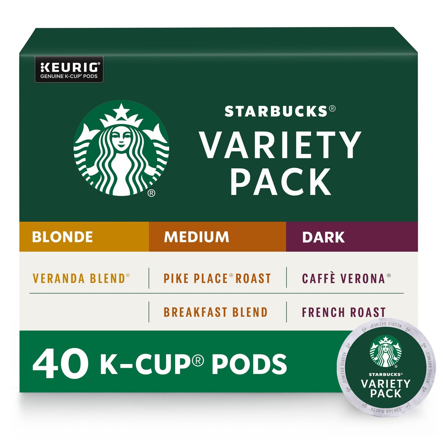 Starbucks K-Cup Coffee Pods—Starbucks Blonde, Medium & Dark Roast Coffee—Variety Pack for Keurig Brewers—100% Arabica—1 box (40 pods total)
