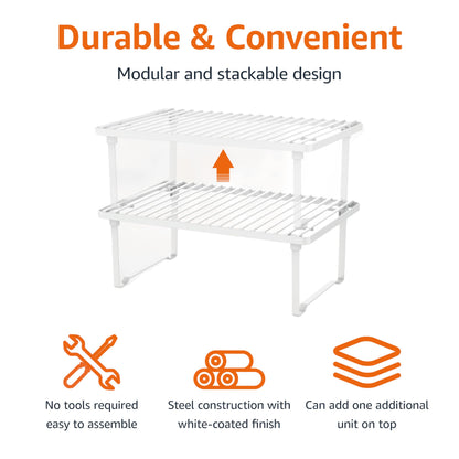 Amazon Basics Stackable Metal Kitchen Storage Shelves for Dishes, 12.5" L x 8" D x 4.5" H, Set of 2, White