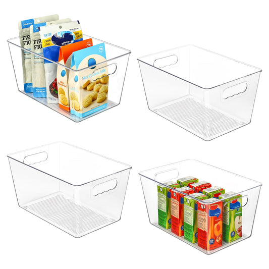 Vtopmart Clear Plastic Pantry Organizer Bins, 4 PCS Food Storage Bins with Handle for Refrigerator, Fridge, Cabinet, Kitchen, Countertops, Cupboard, Freezer Organization and Storage, BPA Free, Large
