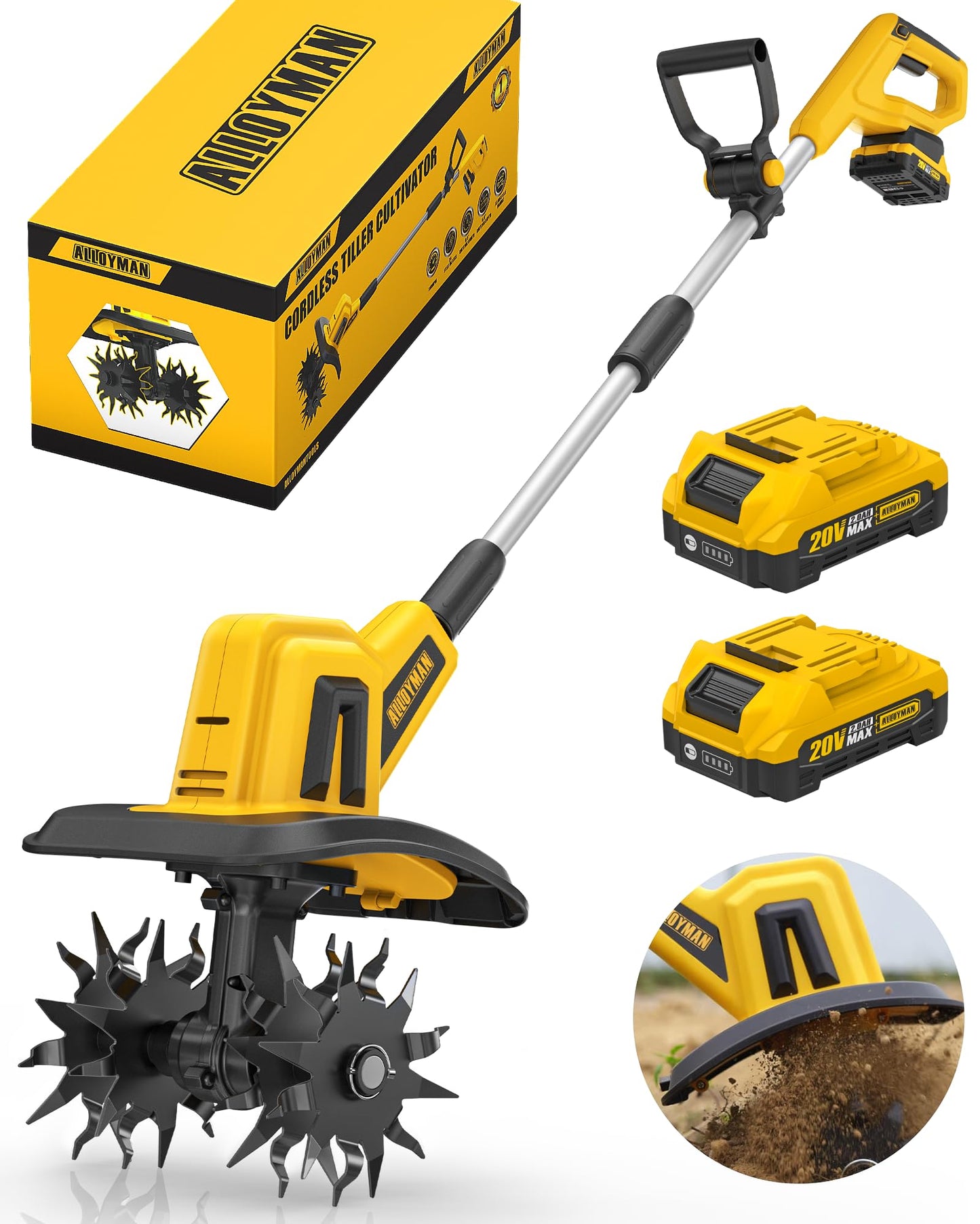 Alloyman 20V Cordless Tiller Cultivator, 360RPM Electric Garden Tiller, with 2 * 2.0Ah Batteries & Charger, 9In Tilling Width and 6.6In Depth Garden Rototiller for Lawn/Gardening/Soil Cultivation