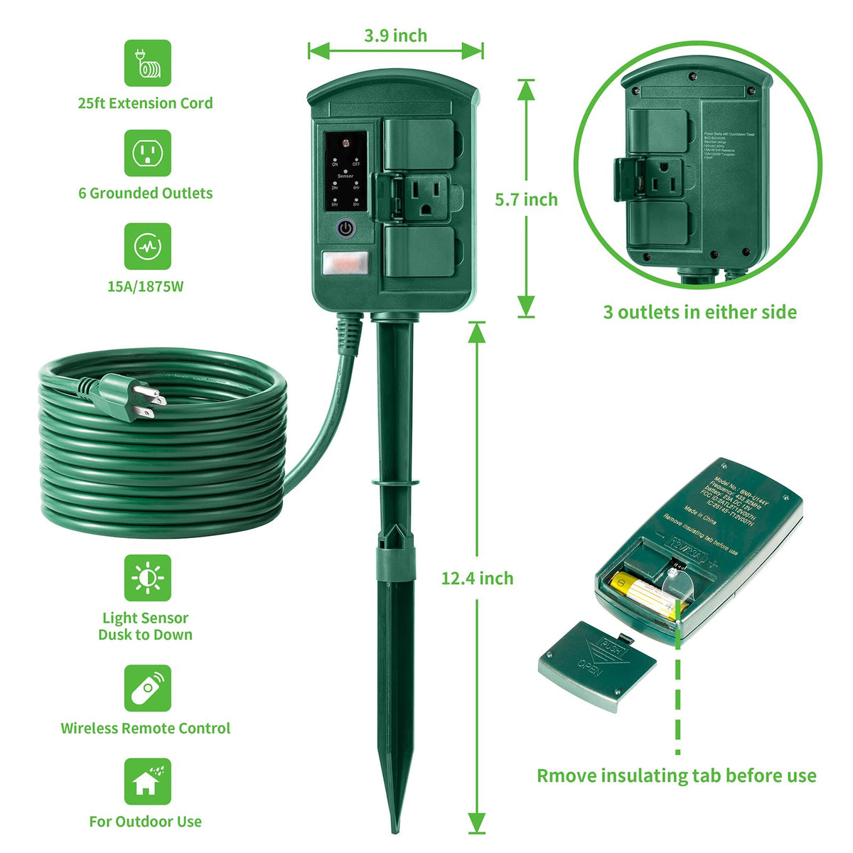 Outdoor Power Stake Timer for Christmas Light Decorations Waterproof, Dusk to Dawn, Outdoor Power Strip with 6 Outlets, 1875W/15A, 100FT Wireless Remote Control, 25FT Extension Cord, Heavy Duty