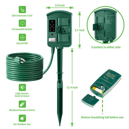 Outdoor Power Stake Timer for Christmas Light Decorations Waterproof, Dusk to Dawn, Outdoor Power Strip with 6 Outlets, 1875W/15A, 100FT Wireless Remote Control, 25FT Extension Cord, Heavy Duty
