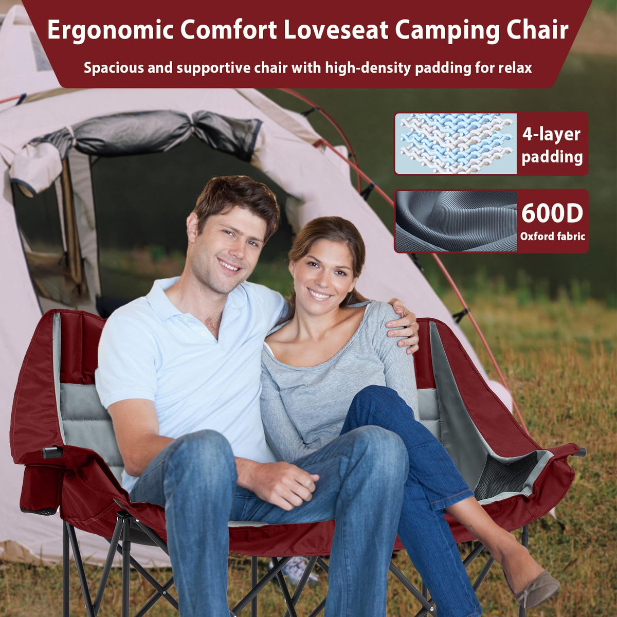 Youtanic Oversized Camping Chair, Double Folding Loveseat Camping Couch with Pocket, Cup Holder and Carry Bag, Heavy Duty Portable Camping Chairs for Adults, Fishing, Sports, Trip, up to 660lbs, Red