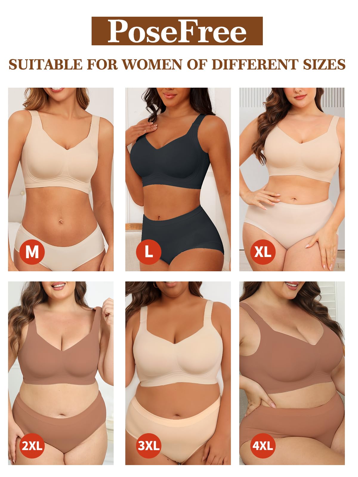 PoseFree Womens Bras No Underwire Full Support Back Fat Smoothing Bralette Wireless Push Up Plus Size Sports Bra (Nude,L)