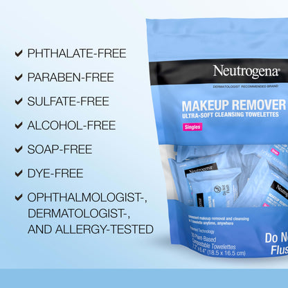 Neutrogena Makeup Remover Wipes, Daily Single Face Cleansing Towelettes, Makeup Removing Cleansing Wipes Removes Dirt & Oil, Alcohol-Free Face Towelettes, 20 ct