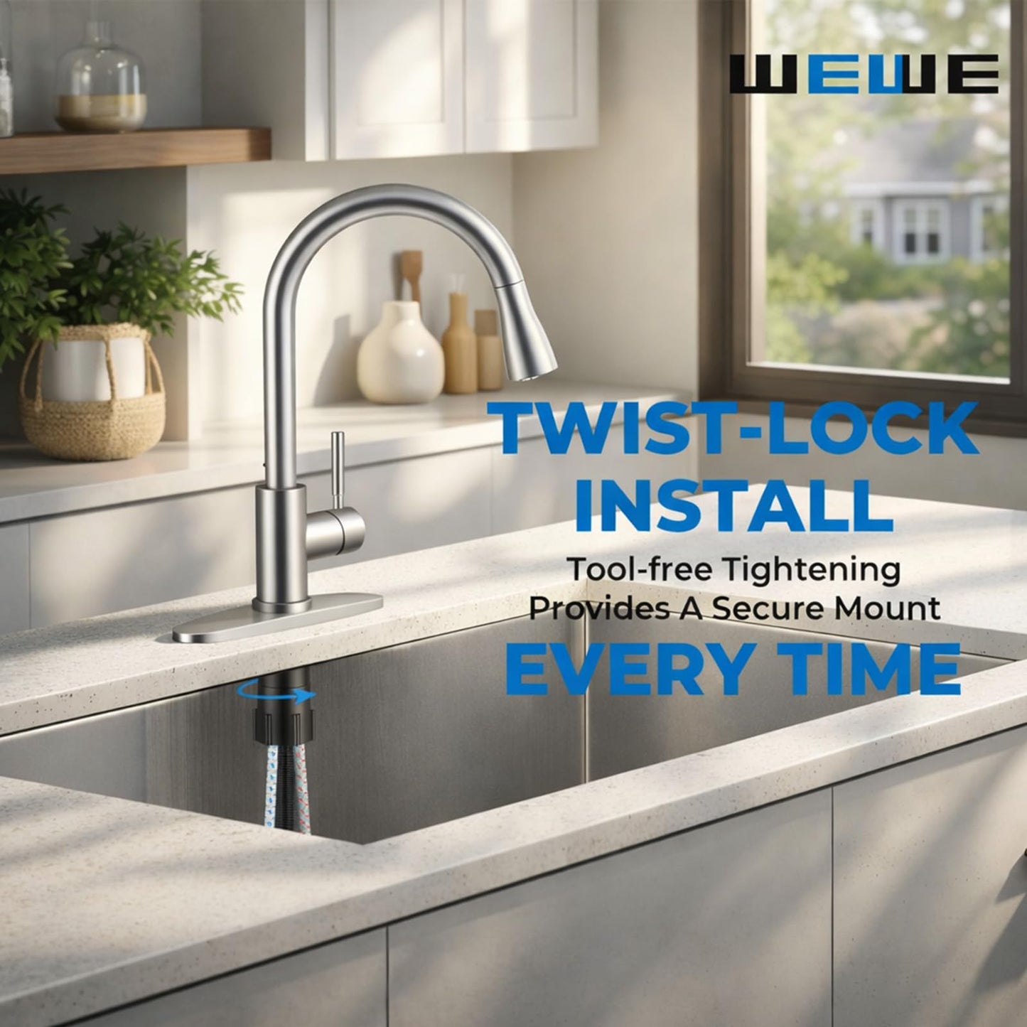 WEWE Single Handle High Arc Brushed Nickel Pull Out Kitchen Faucet,Single Level Stainless Steel Kitchen Sink Faucets with Pull Down Sprayer,Suitable for Laundry Rv Bar