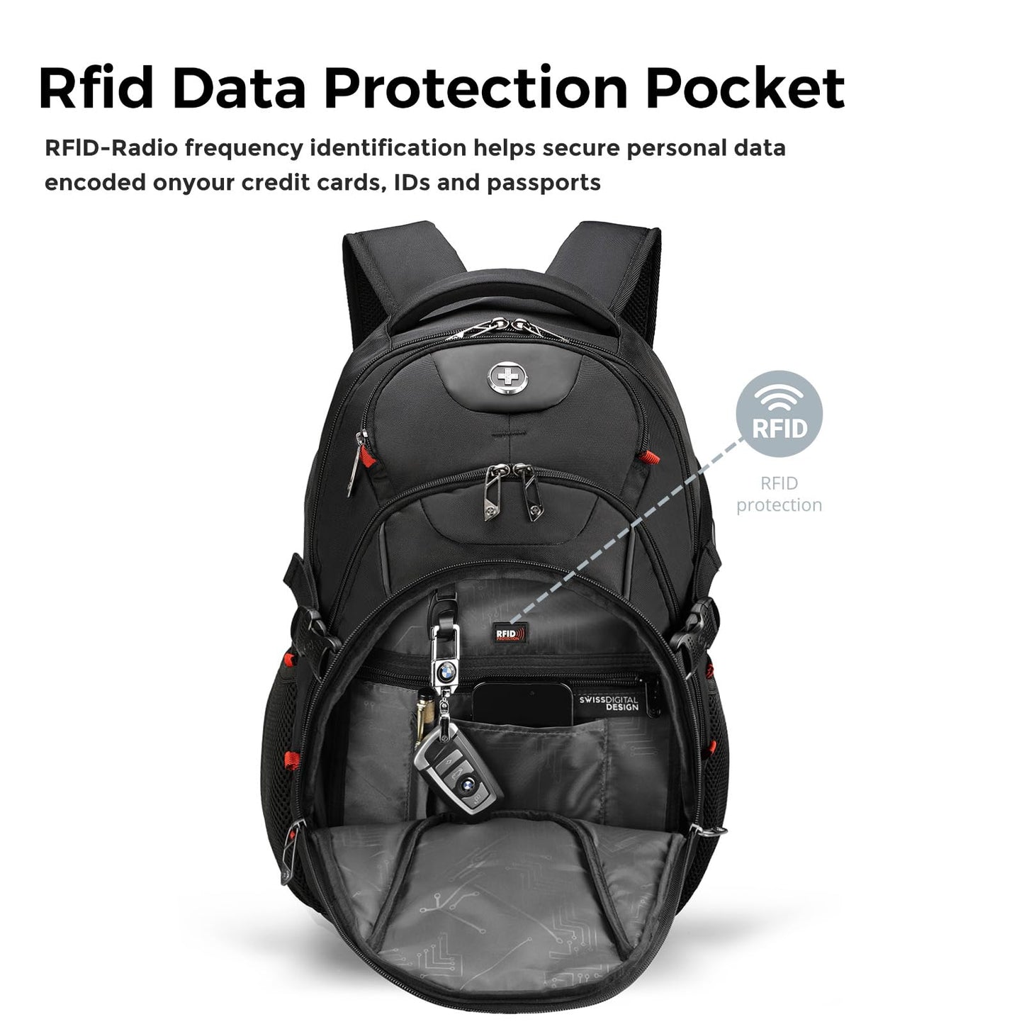 Swissdigital Design Laptop Backpack with USB Charging Port, Travel Backpack Fits 15.6 inches Computer, 31L College School Backpack for Men, Black | SD803