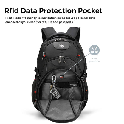 Swissdigital Design Laptop Backpack with USB Charging Port, Travel Backpack Fits 15.6 inches Computer, 31L College School Backpack for Men, Black | SD803