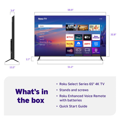 Roku Smart TV 2025 – 65-Inch Select Series, 4K HDR TV – RokuTV with Enhanced Voice Remote – Flat Screen LED Television with Wi-Fi for Streaming Live Local News, Sports, Family Entertainment