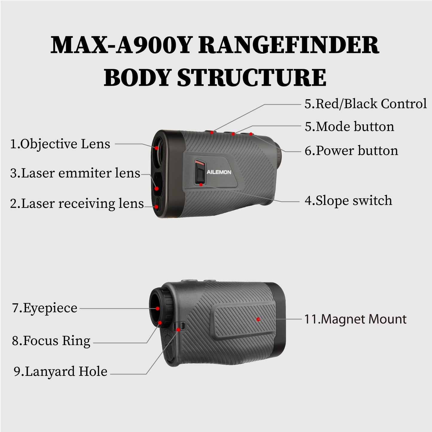 AILEMON 900 Yards Golf Laser Rangefinder with Slope Switch, Ultra-Clear Optics, Flag-Lock/Slope/Magnetic Stripe/Lightweight Goling Range Finder (Gray)