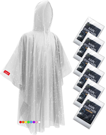 Disposable Rain Ponchos - Extra Long Waterproof Emergency Poncho with Hood for Adults, Bulk Family 6 Pack Raincoat for Park, Concerts, Hiking, Camping Essentials, Home Emergency Survival Kits, Clear