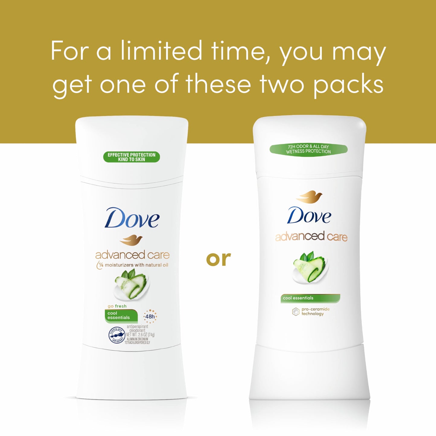Dove Advanced Care Antiperspirant Deodorant Stick Cool Essentials 4 ct for helping your skin barrier repair after shaving 72 hour odor control and sweat protection with Pro Ceramide Technology 2.6 oz