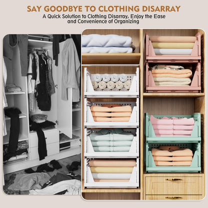 SNSLXH 5 Pack Stackable Closet Storage Basket, Multifunctional & Foldable Closet Organizer for Bathroom Kitchen Laundry Room Wardrobe Storage, Space-Saving Clothes Storage Drawer Organizer, White