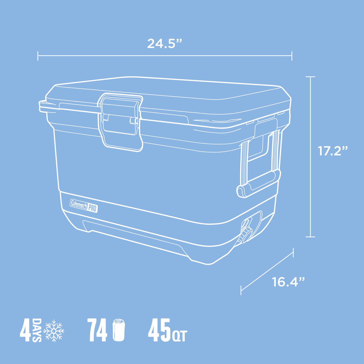 Coleman Pro 45qt Ultra-Light Premium Hard Cooler, Extra-Thick Insulation Keeps Ice up to 4 Days, 74-Can Capacity