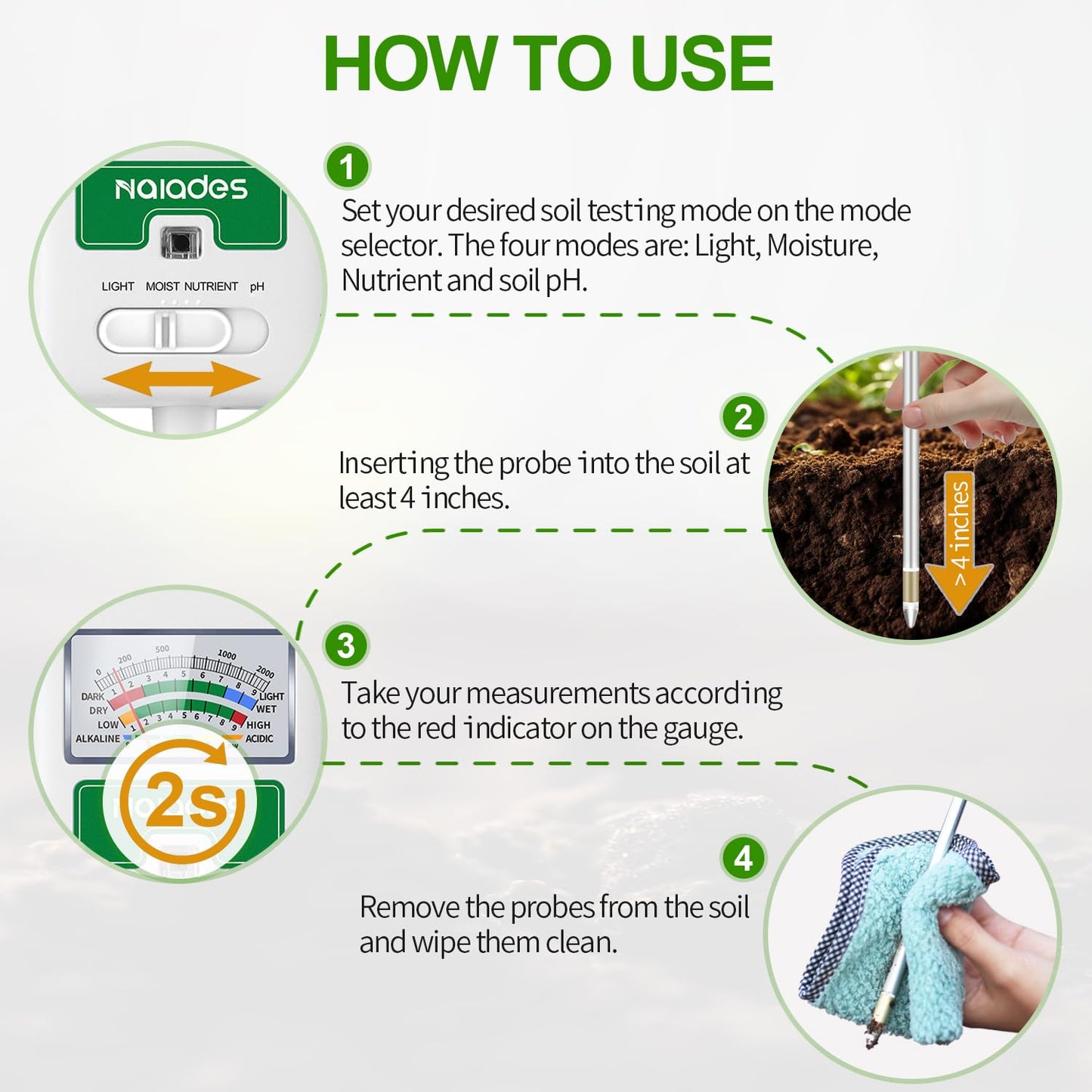 Soil Moisture Meter for Plants, 4-in-1 Soil pH Tester, Soil Tester for Moisture, Light, Nutrients, pH, Soil Ph Test Kit Water Meter for Indoor Plants & Outdoor Garden, Lawn, Farm (No Battery Required)