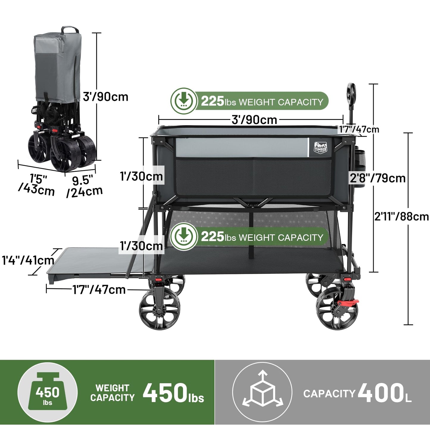 TIMBER RIDGE 400L Large Capacity Folding Double Decker Wagon with Brakes, 54" Extra Long Extender Wagon Cart, 450lbs Heavy Duty Collapsible Cart, All-Terrain Big Wheels for Camping, Sports, Shopping