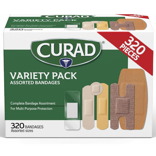 CURAD Assorted Bandages Bulk Variety Pack 320 Count 5 Styles Including Waterproof, Sheer, Plastic, Heavy Duty & Flex-Fabric First Aid Kit Essentials Protects Scrapes, Cuts & Burns