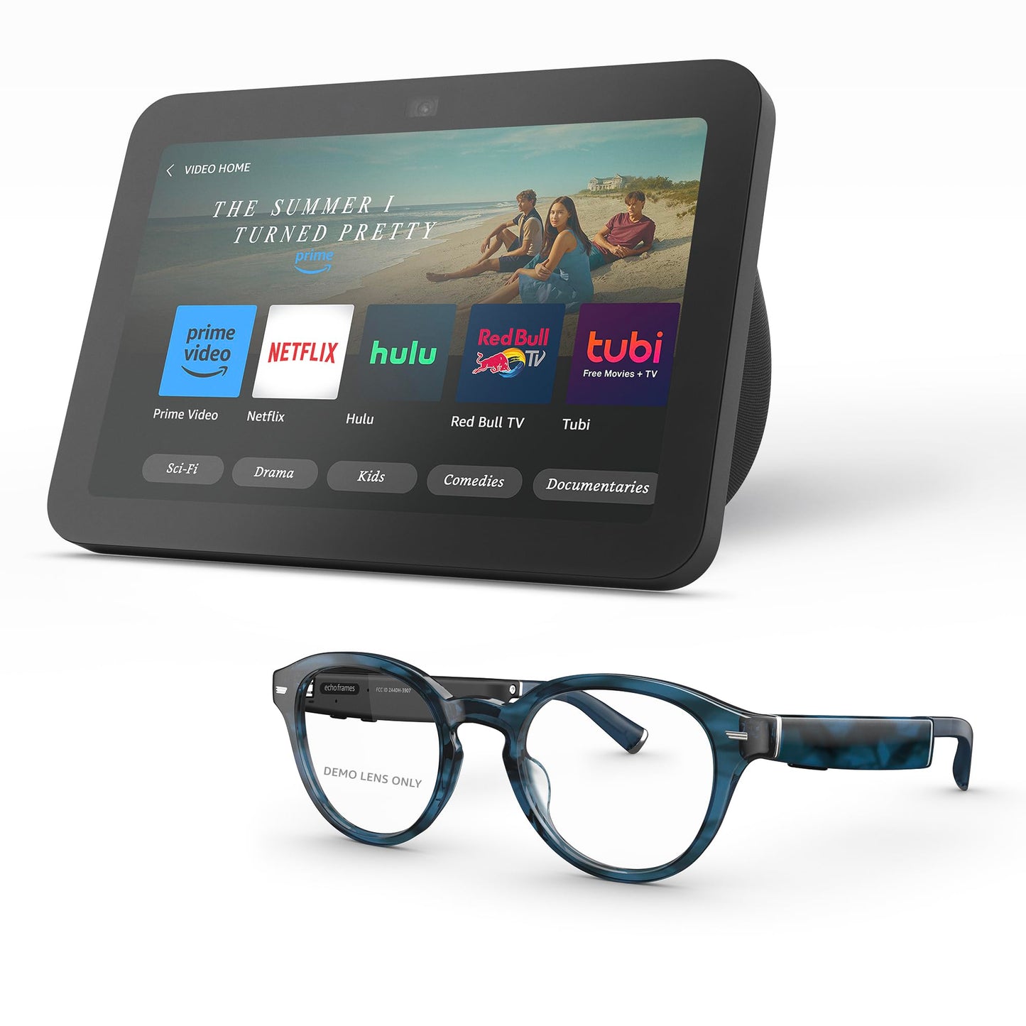 Amazon Echo Frames (newest model) + Echo Show 8 (newest model), Smart Glasses with Alexa, Round frames in Blue Tortoise with prescription ready lenses