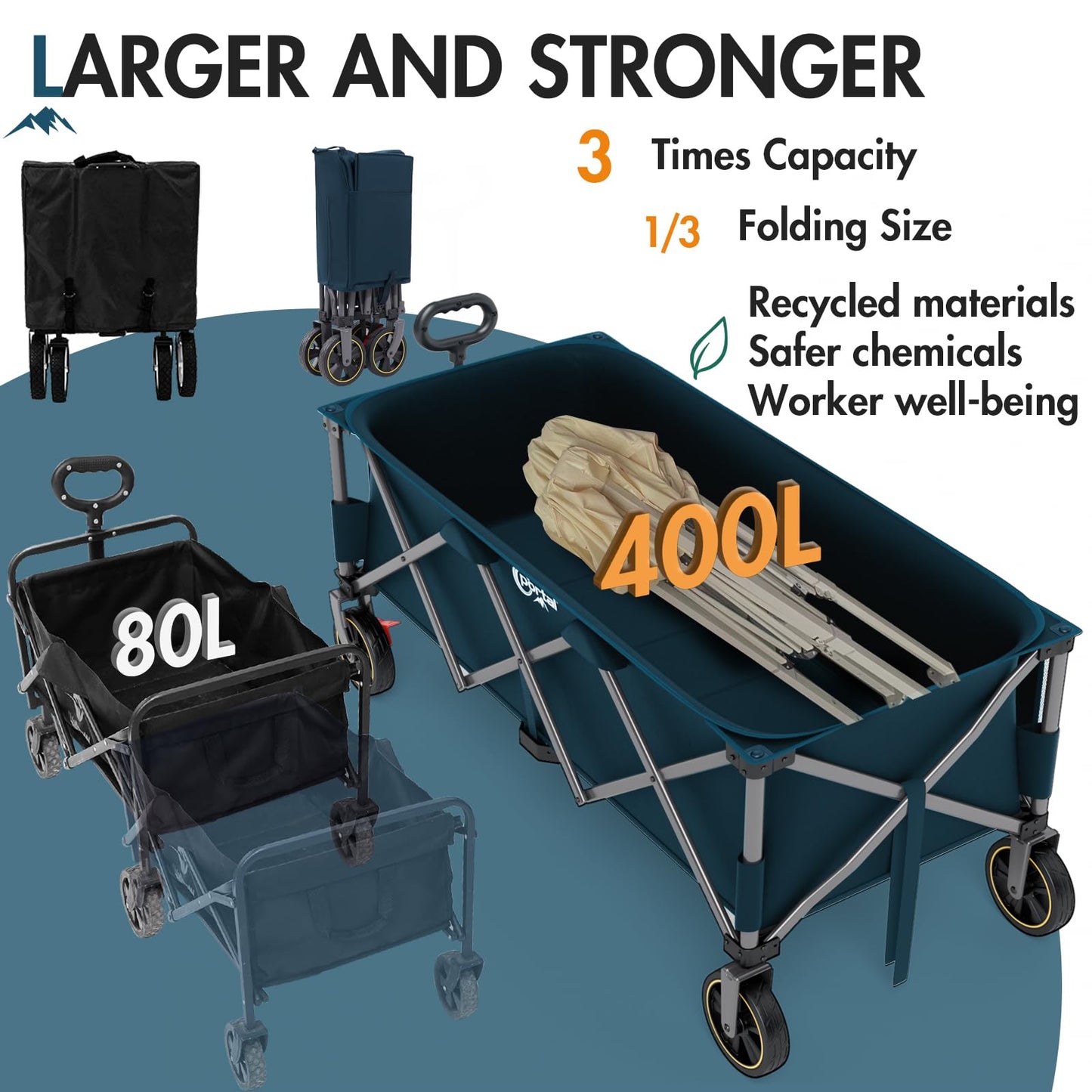 PORTAL 51.2" Long Wagons Carts Foldable, 400L Large Collapsible Wagon with Wheels, 350 LBs Folding Wagon for Sports, Camping, Grocery