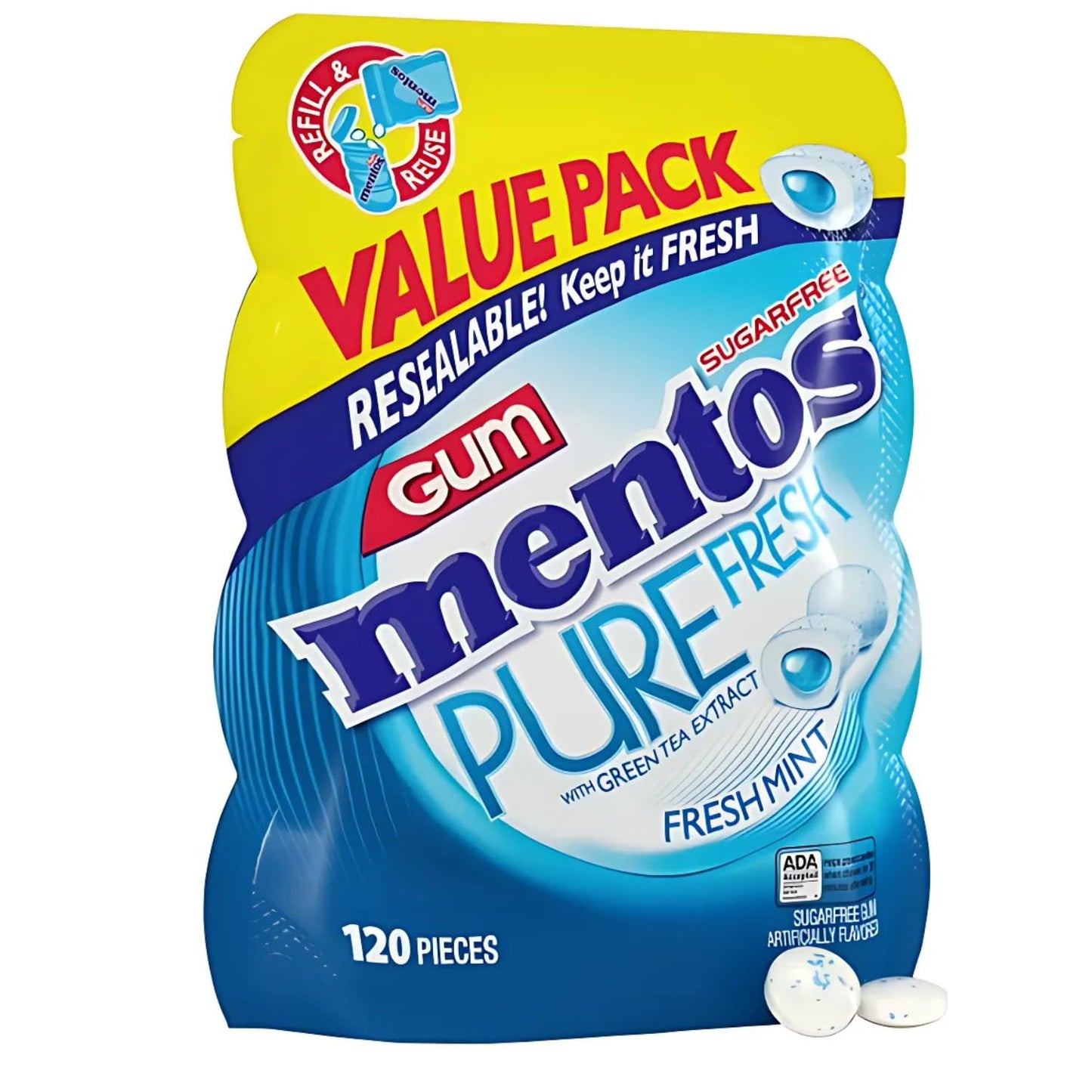 Mentos Pure Fresh Sugar-Free Chewing Gum with Xylitol, Fresh Mint, 120 Piece Bulk Resealable Bag (Pack of 1)