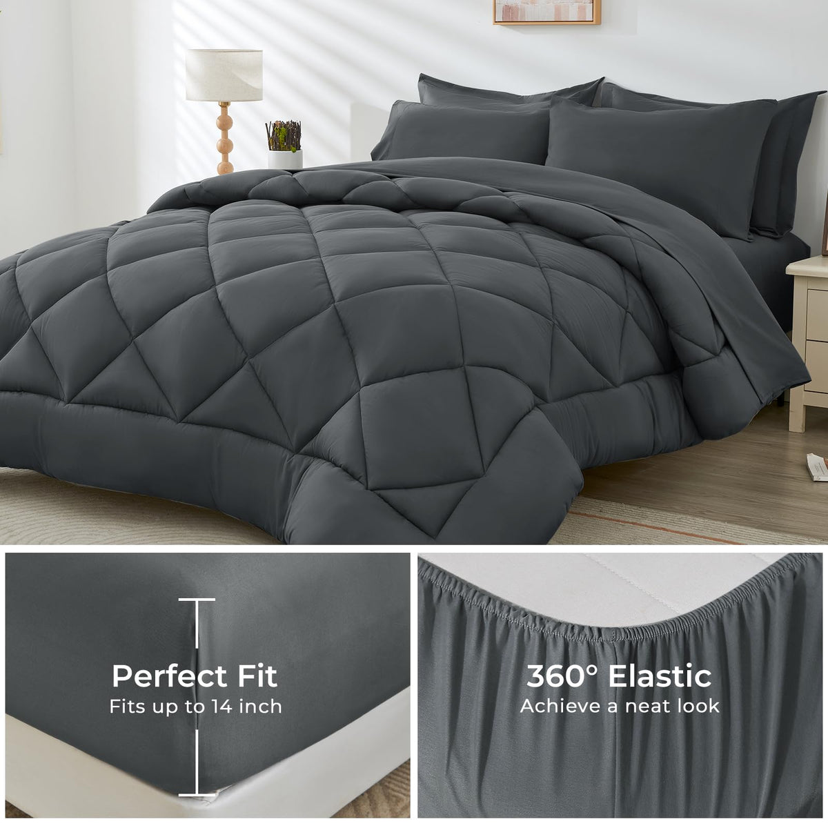 HEVUMYI 7 Pieces Queen Comforter Set, All Season Reversible Bed in a Bag Queen, Ultra Soft Queen Bedding Set with Grey Comforter, Flat Sheet, Fitted Sheet, Pillowcases, Pillow Shams, Dark Grey